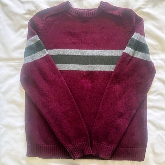 Eddie Bauer Mens Sweater Jersey Medium Crew Neck Maroon Stripes Preppy Read - Picture 4 of 7